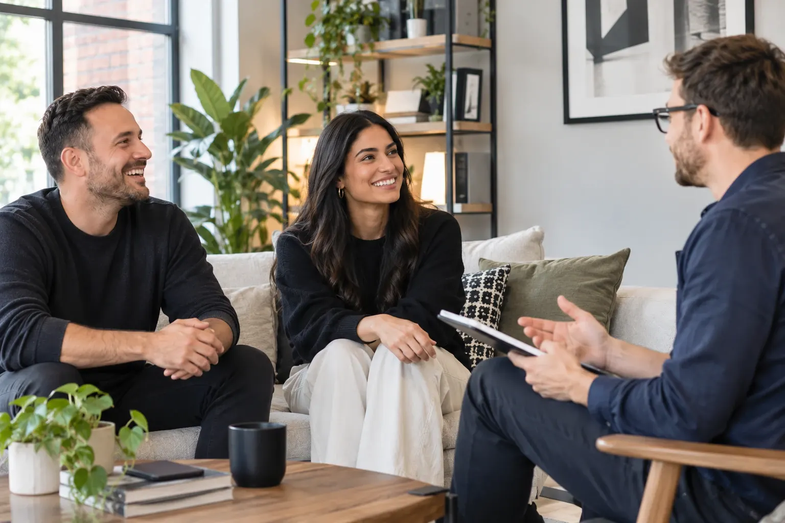 A couple chatting with their Amco property manager at home
