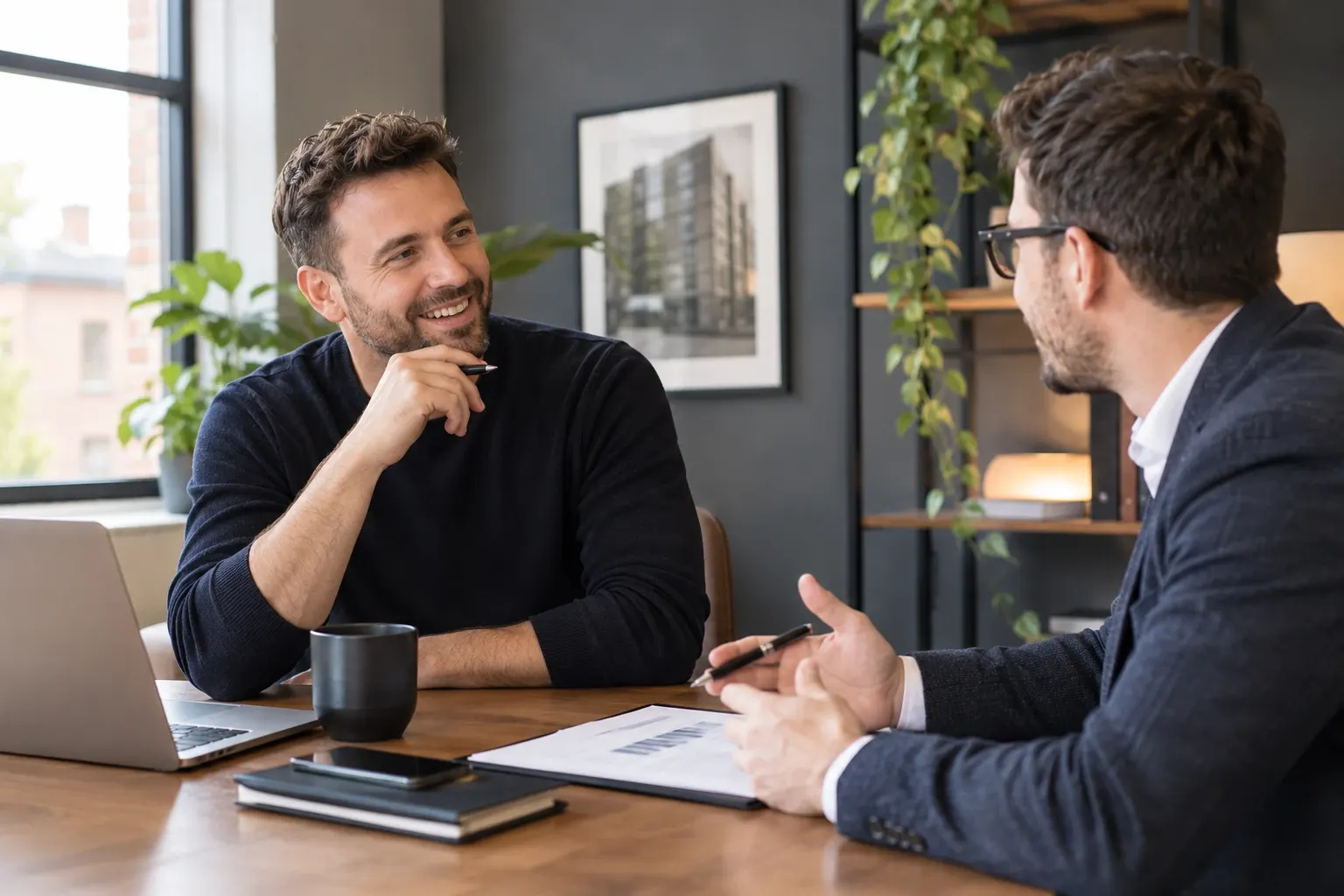 An Amco property manager talking through a management plan with a landlord